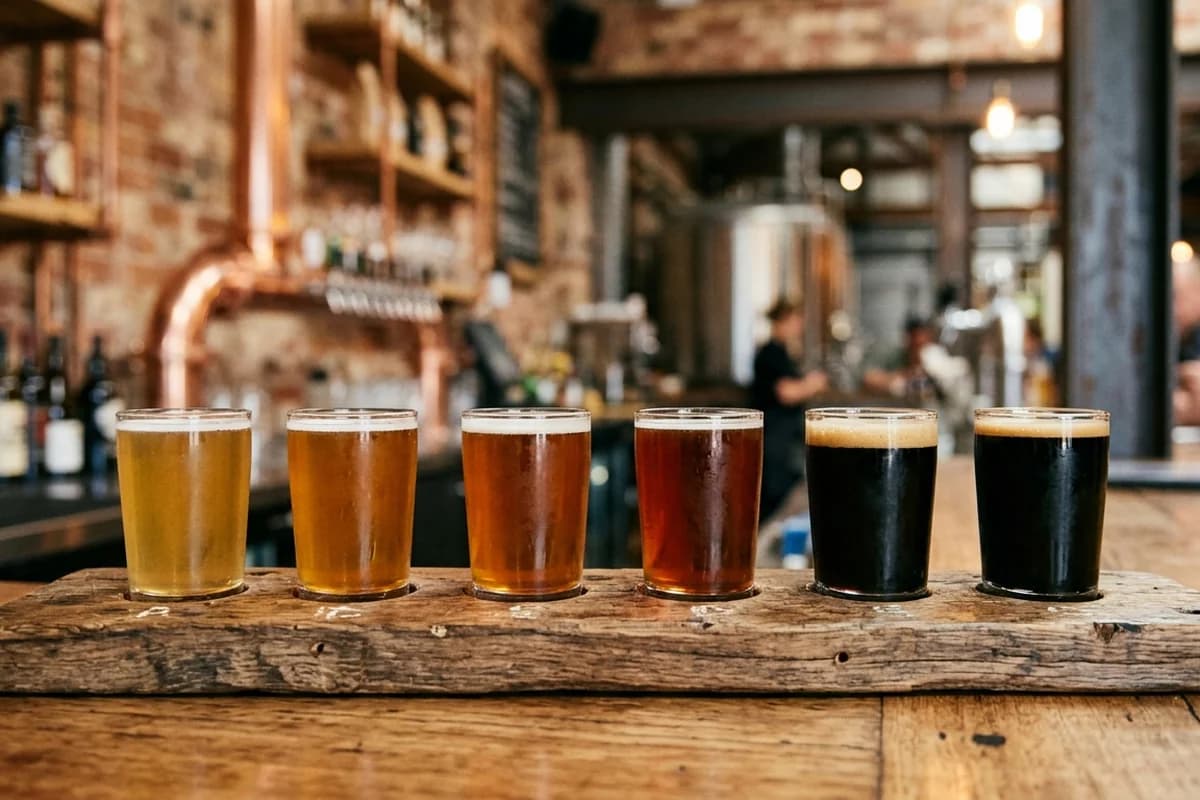 Bucks group with tasting paddles on a brewery tour in Adelaide's West End
