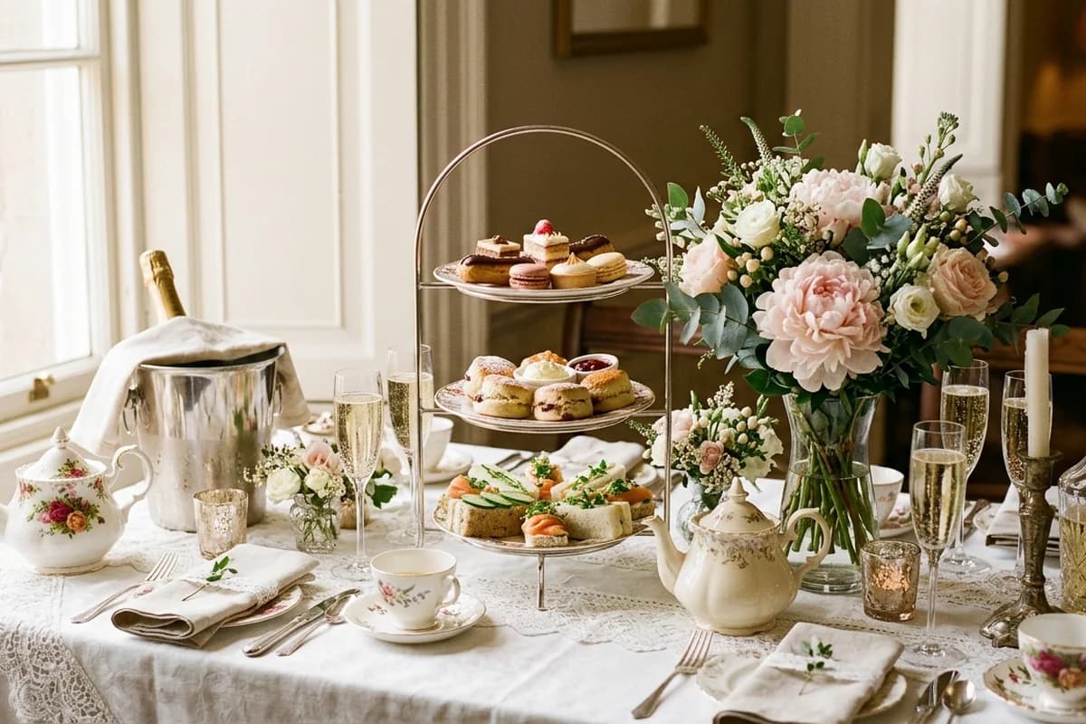 Tiered high tea stand and bubbles set for a hens group in North Adelaide