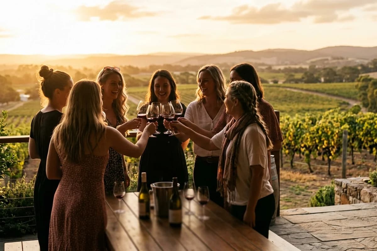 Hens group tasting wine at a McLaren Vale cellar door with vineyard views