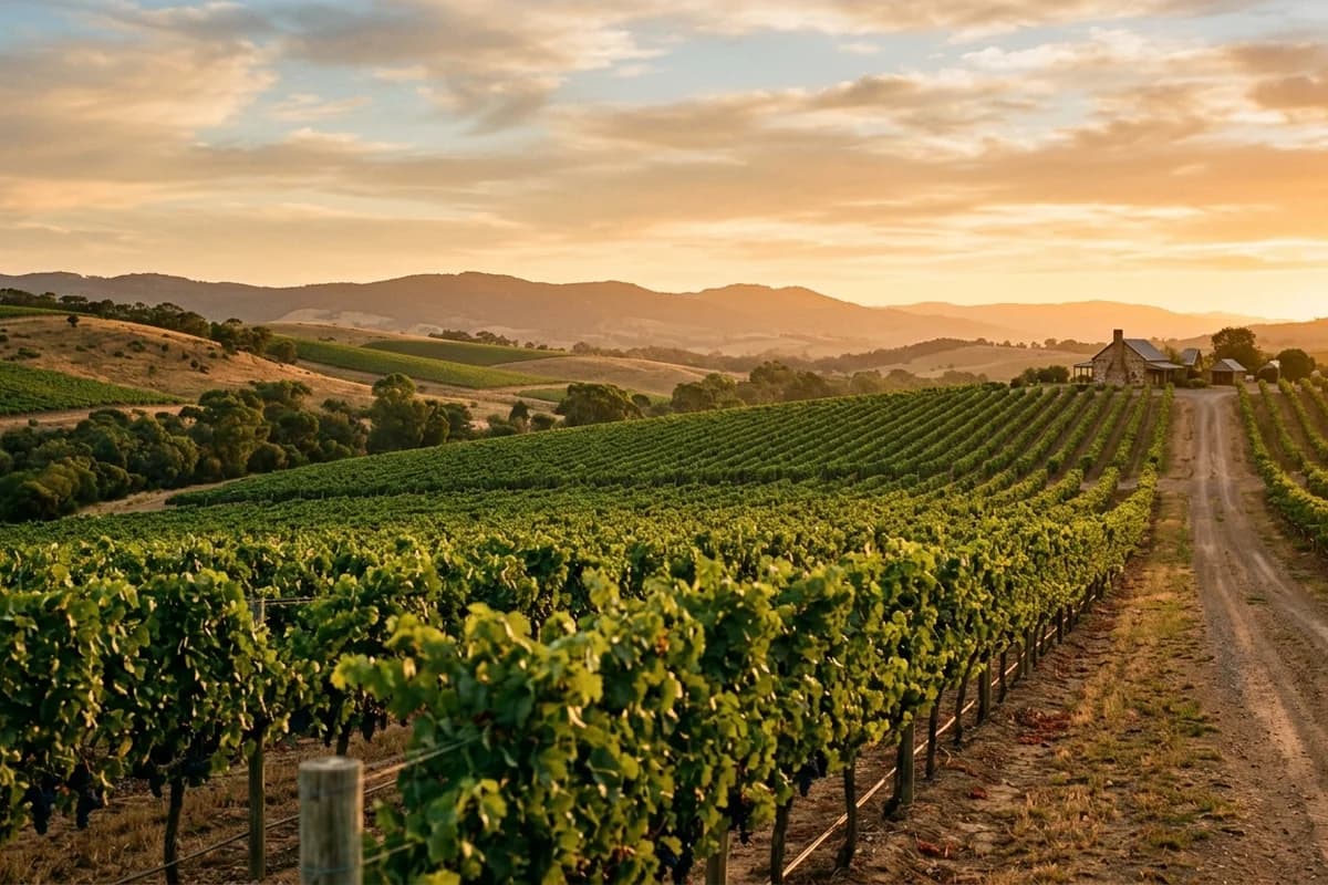 Barossa Valley vineyards stretching to the hills at golden hour
