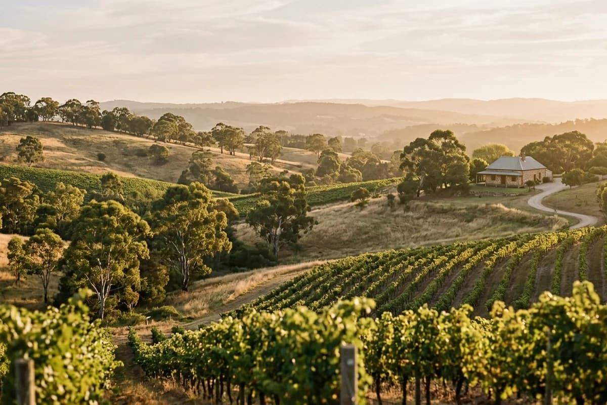 Rolling Adelaide Hills countryside in warm afternoon light